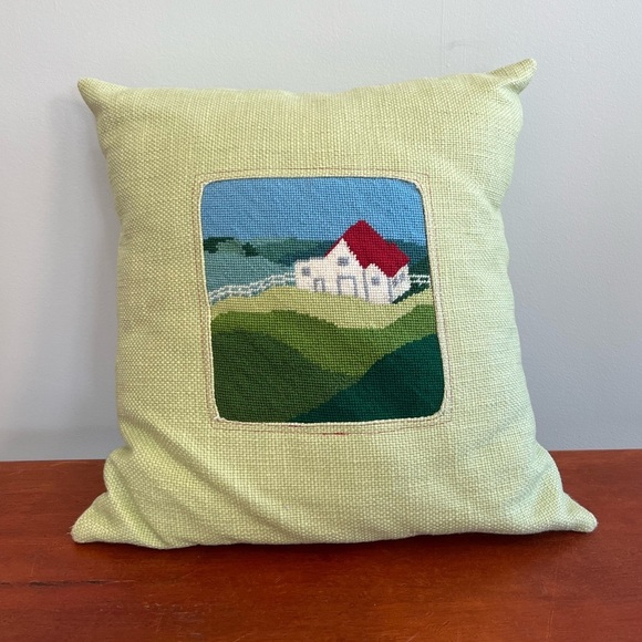 Needlepoint Pillow Scenic Farmhouse Landscape Handmade, 15x15” - Picture 1 of 7